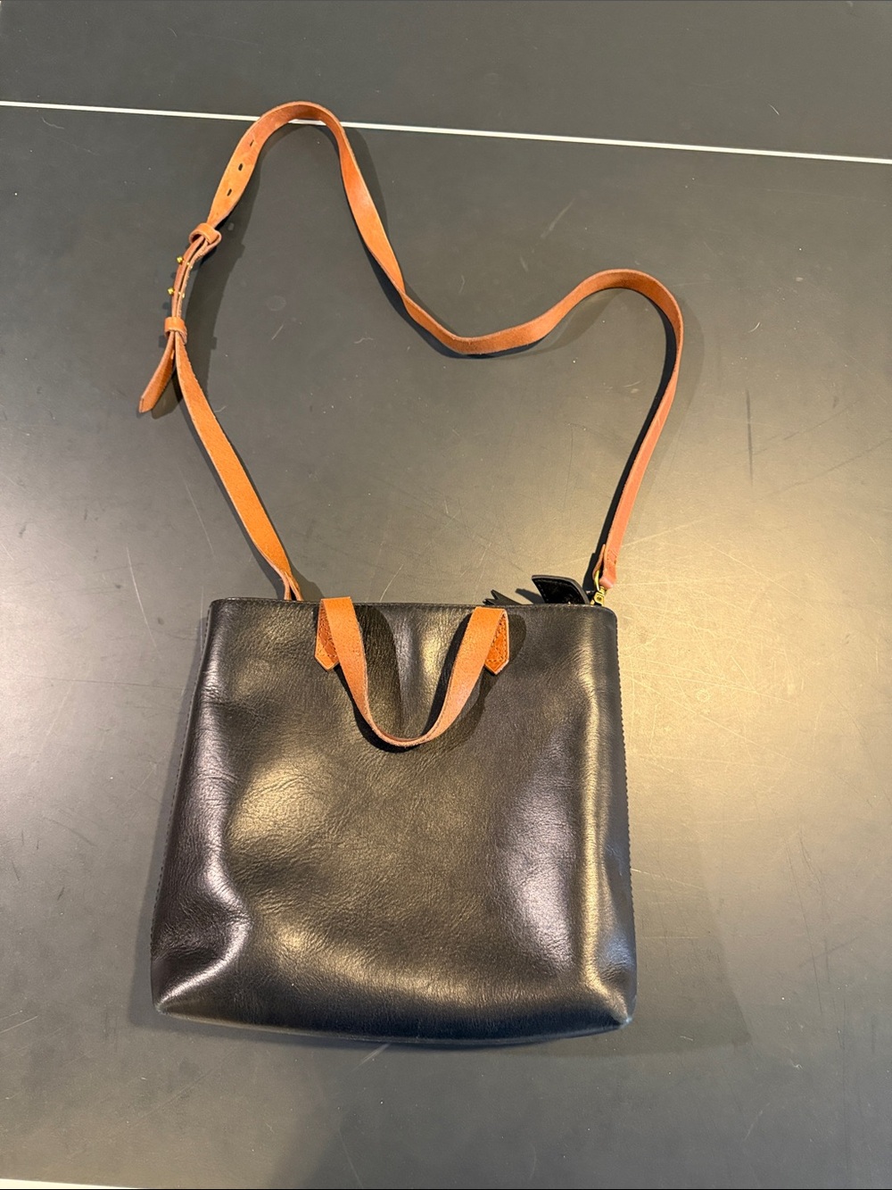 Madewell Black Leather Crossbody with Tan Strap